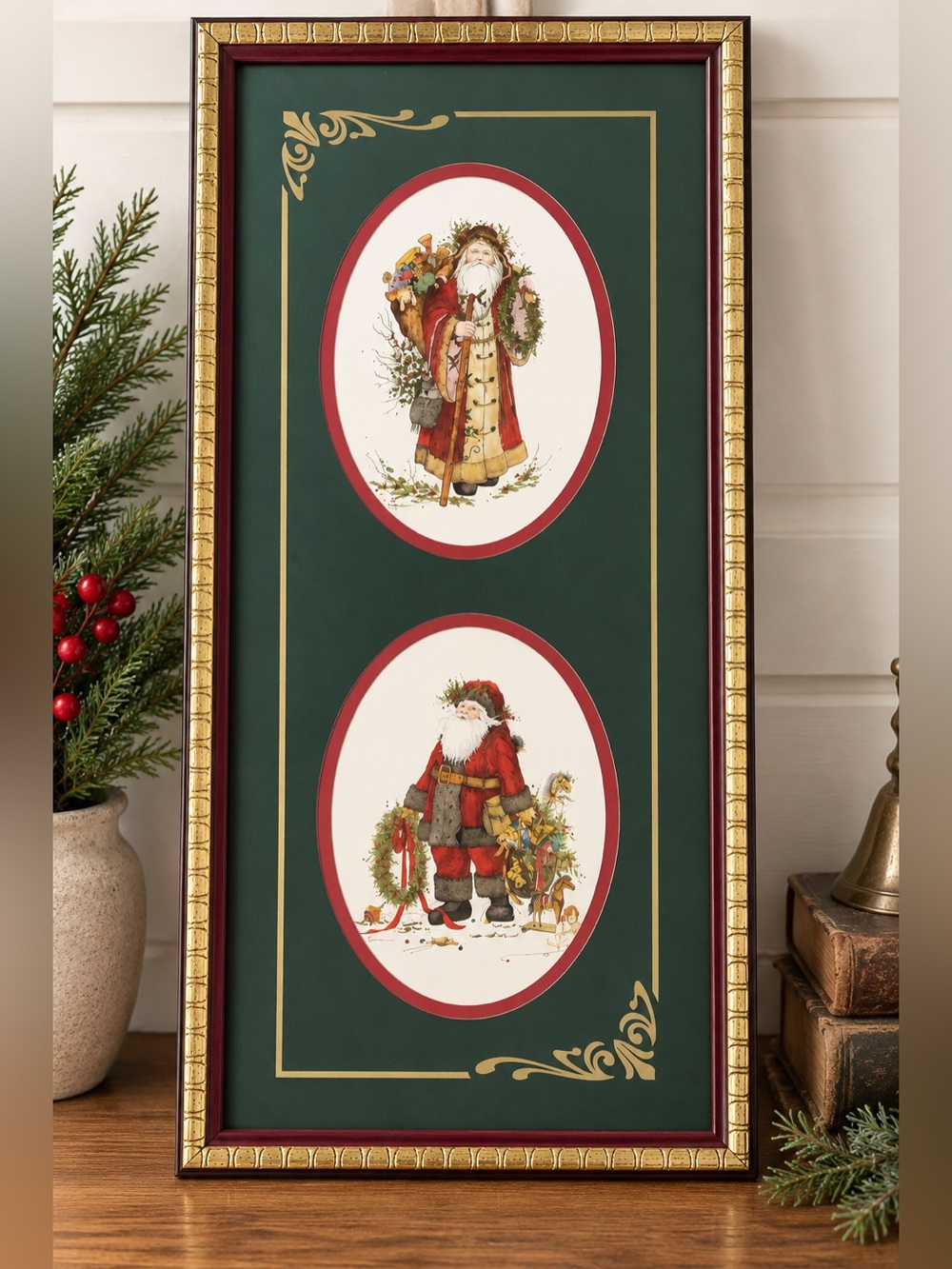 Vintage Home Interiors Christmas Santa Framed Wall Art Gold Burgundy Frame